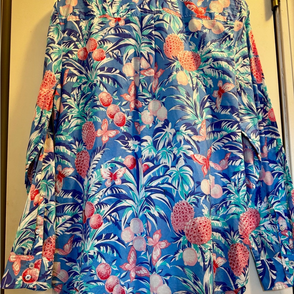 Talbots Tropical Blue Button-Up Shirt with Pink Pineapple Print